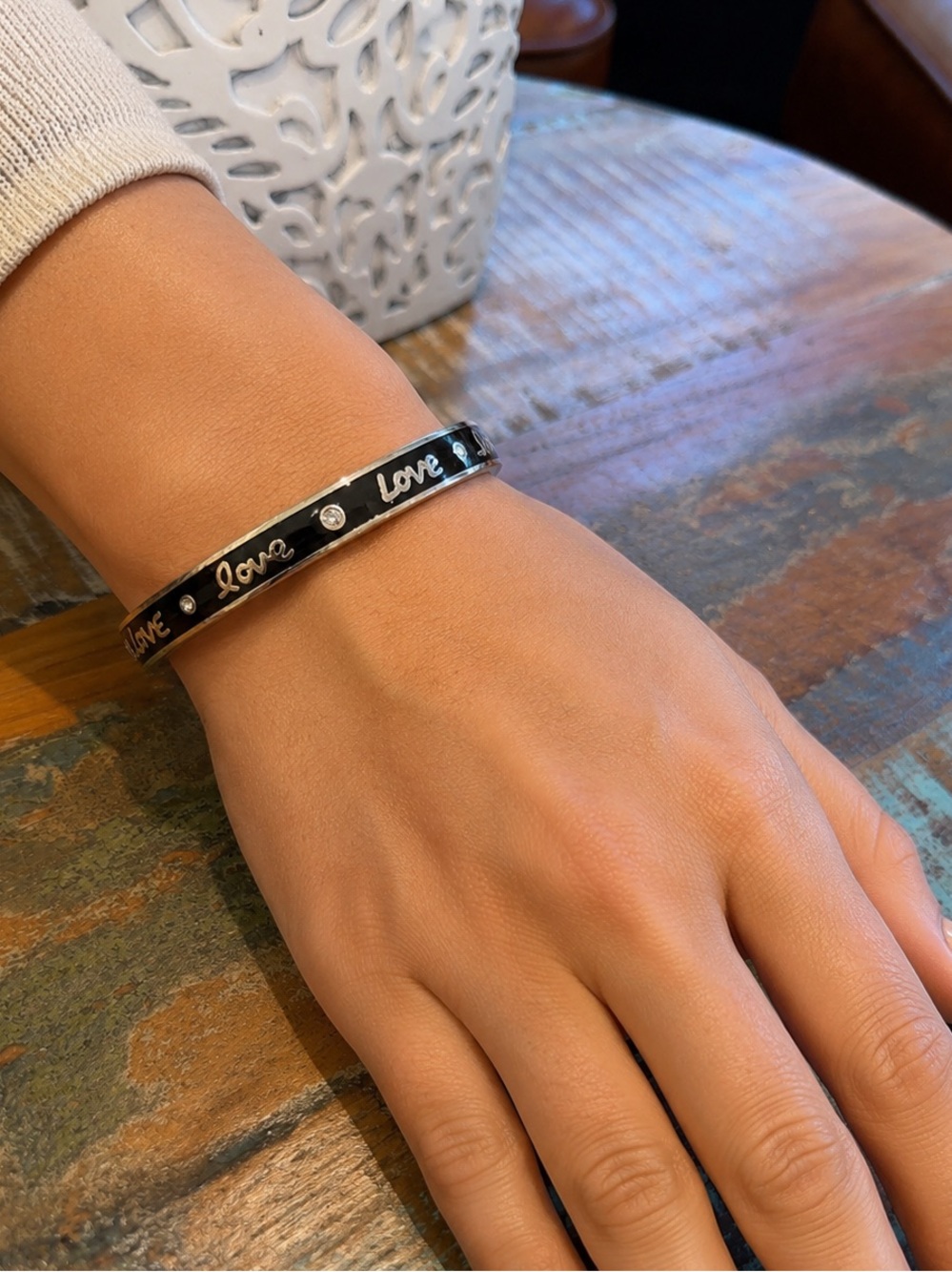 Vintage Brighton Silver & Black 'Love' Enamel Rhinestone Bangle Bracelet